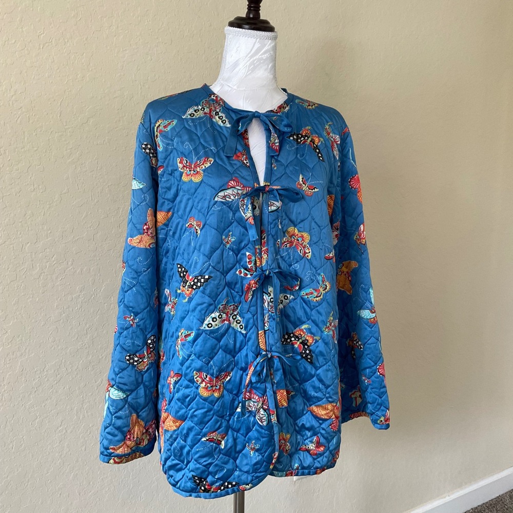 Vintage Vanity Fair Quilted Robe Butterfly Print Blue 70s USA Boho Cottagecore